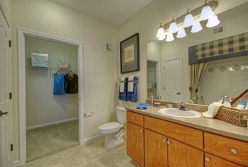 bathroom with light brown cabinets and tan countertops with attached walk in closet - Photo Gallery 18