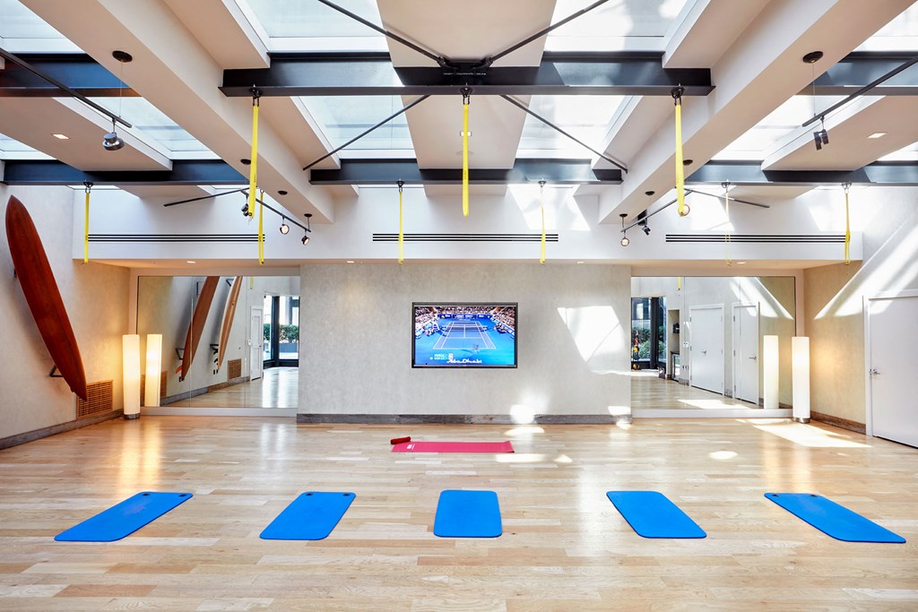 a yoga room with blue mats and a tv on the wall