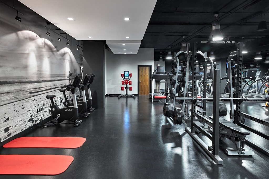 a gym with exercise equipment and a painting on the wall