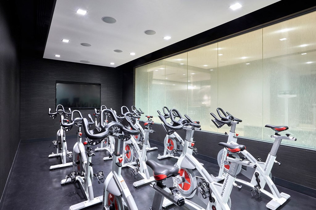 a group of spin bikes in a gym