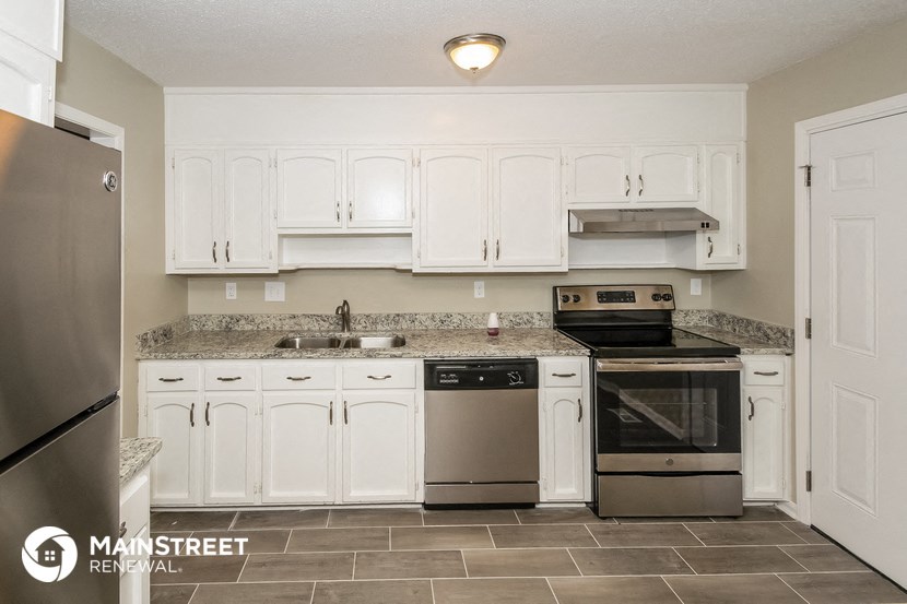 a kitchen with white cabinets and stainless steel appliances