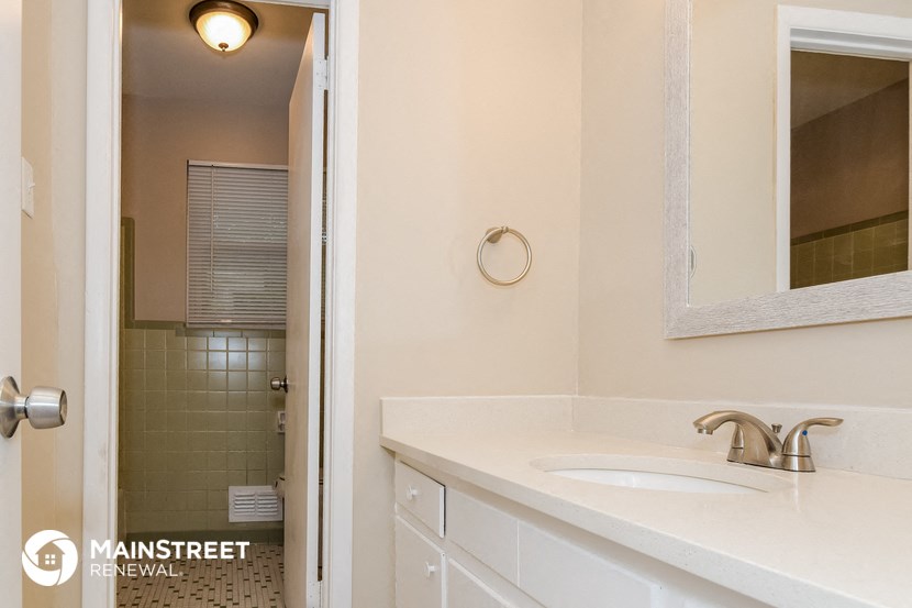 a bathroom with a sink and a mirror and a shower