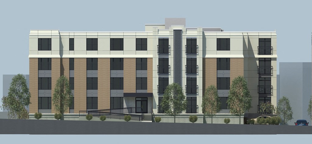 a rendering of a building with trees in front of it