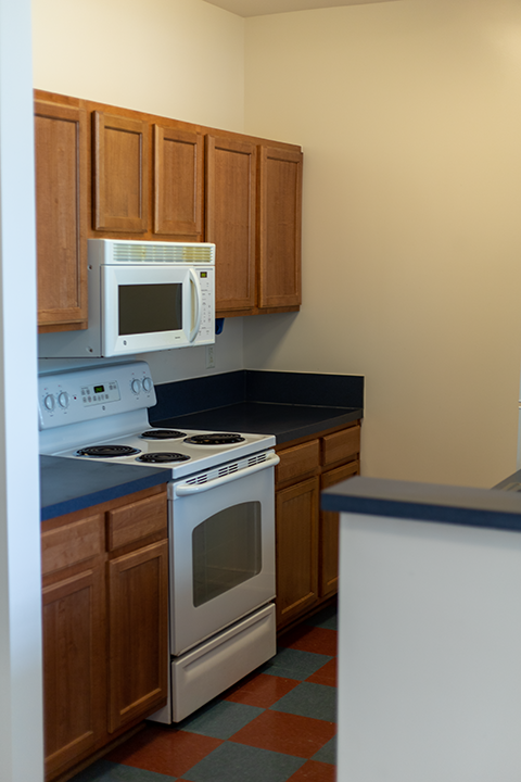 a kitchen with a stove microwave and cabinets