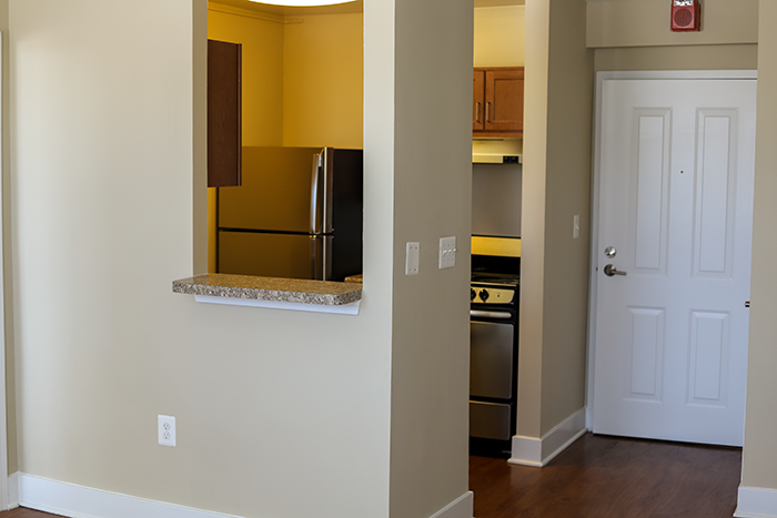 a view of the kitchen from the living room