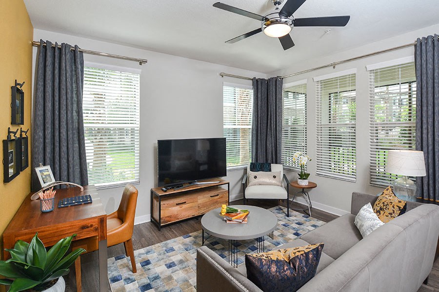 a living room with a couch and a tv