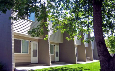 a row of houses with trees in front of them