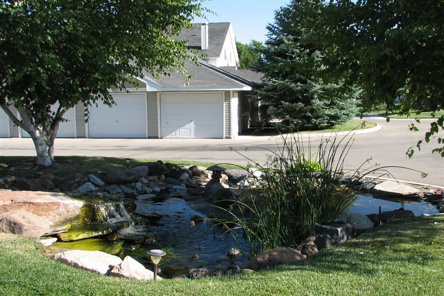 a small pond in a yard in front of a house