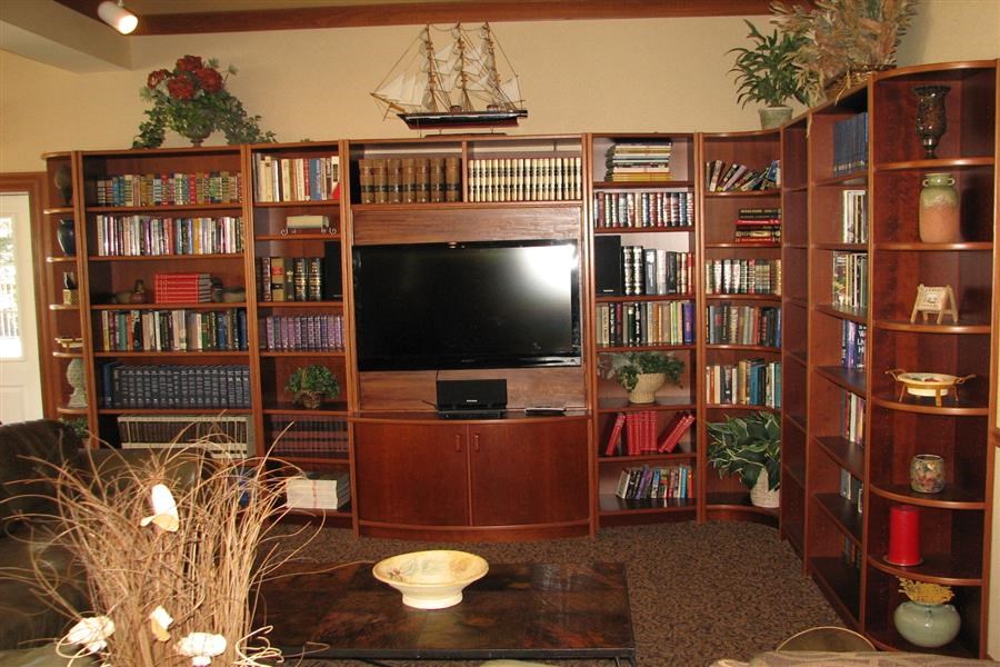 a living room with a tv and book shelves