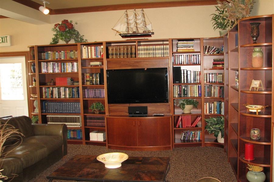 a living room with a television and book shelves