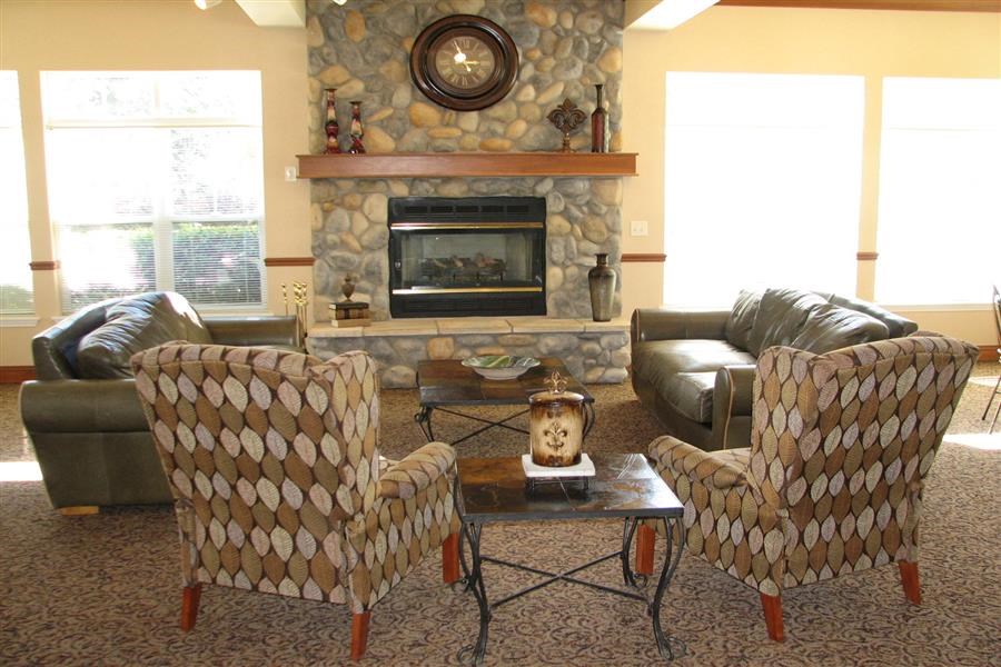 a living room with couches and chairs and a fireplace