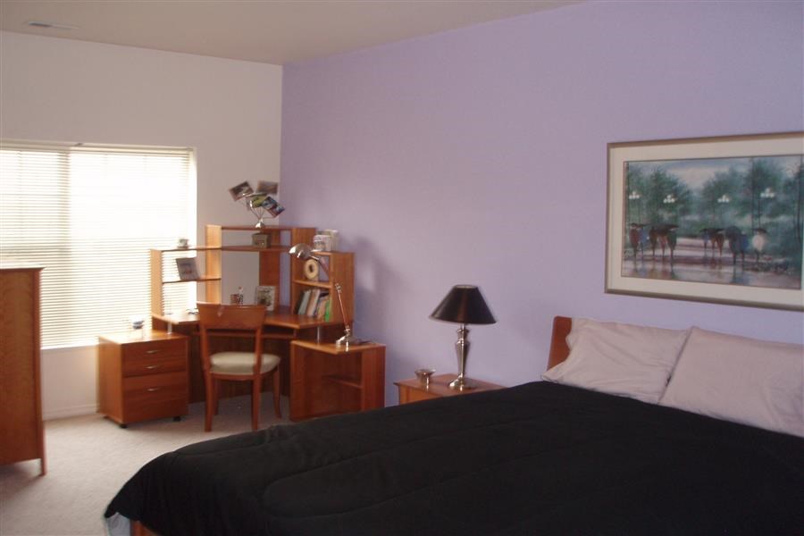 a bedroom with a bed and a desk