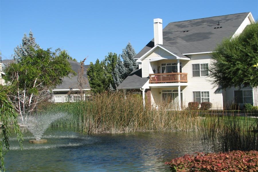 a house with a pond in front of it