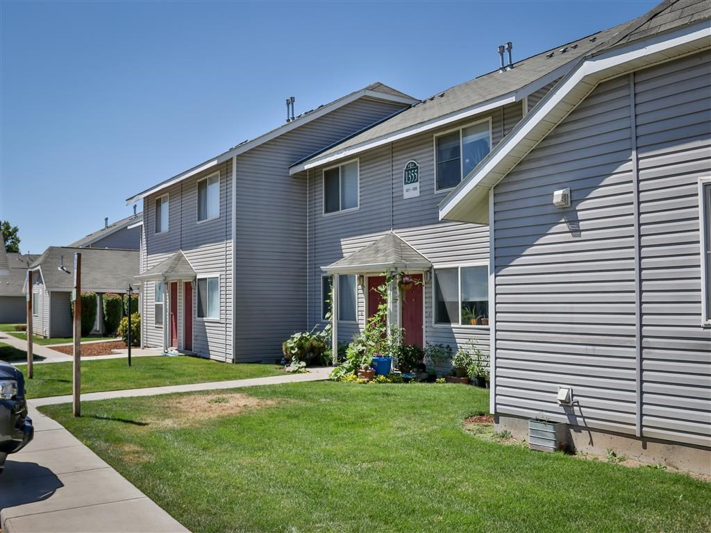a row of houses with a yard and grass