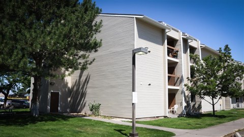 a white apartment building with a tree in front of it