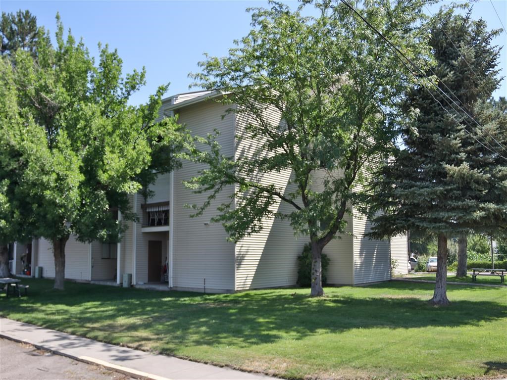 an old white building with trees in front of it