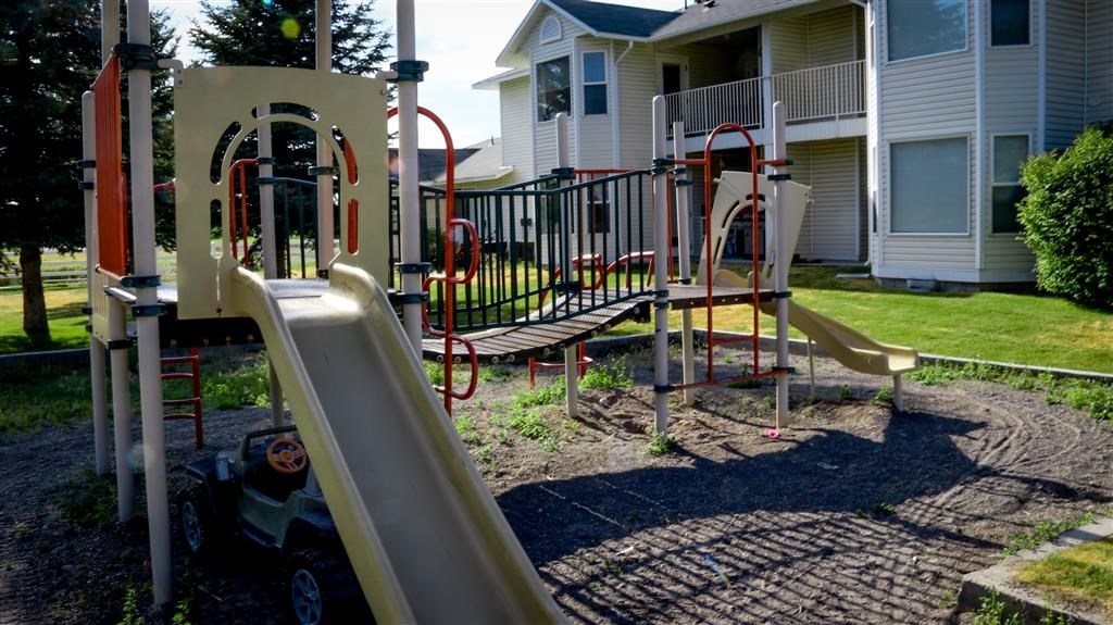 a playground with a slide in front of a house