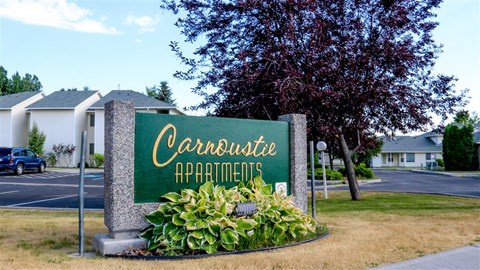 a green sign sitting in the grass next to a street