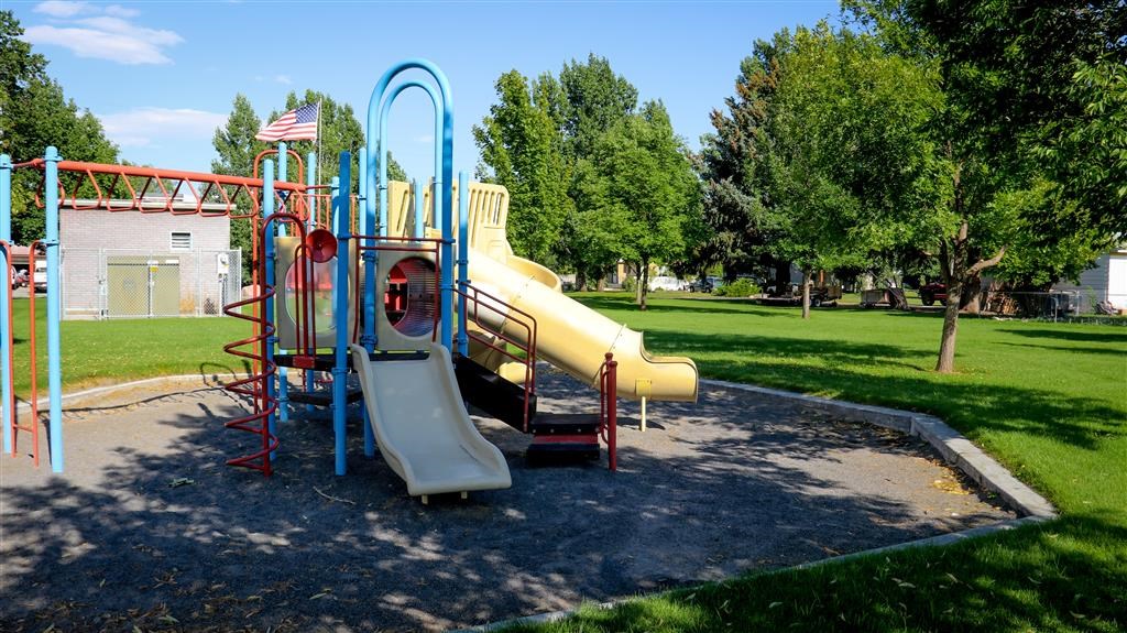 a playground with a slide in a park