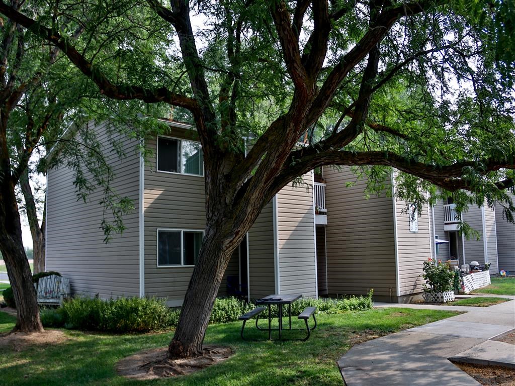 a building with a picnic table in the grass