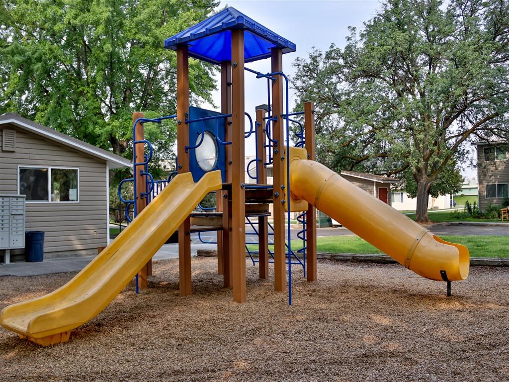 a playground with a blue and yellow play set