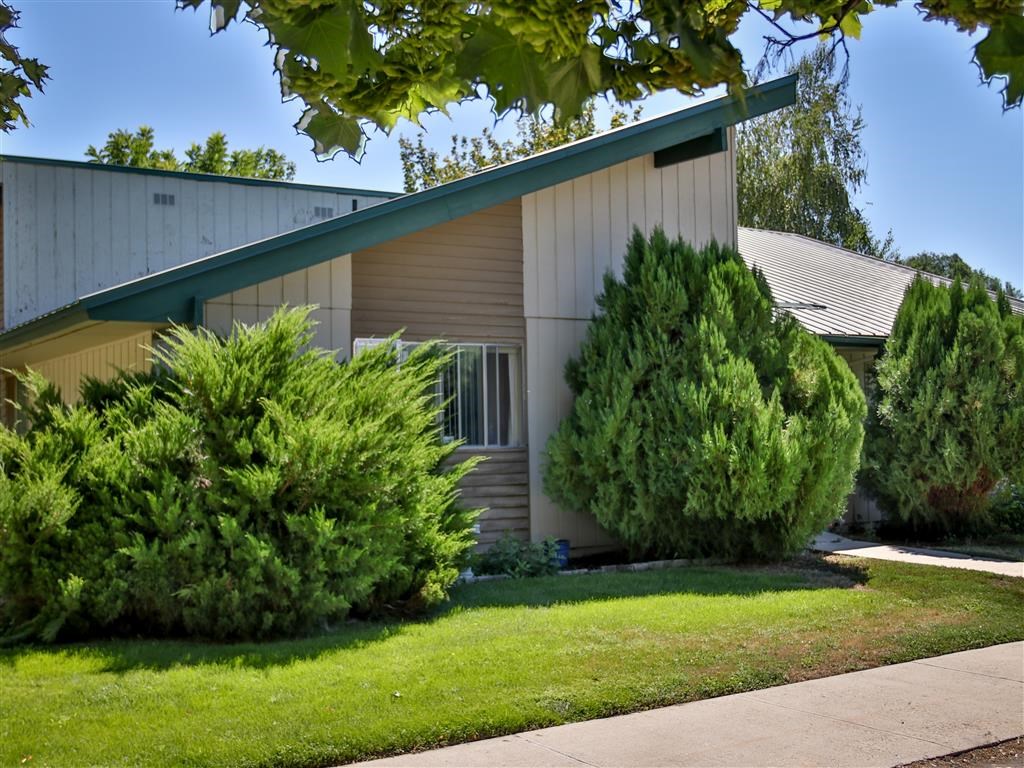a white house with a green roof and some trees