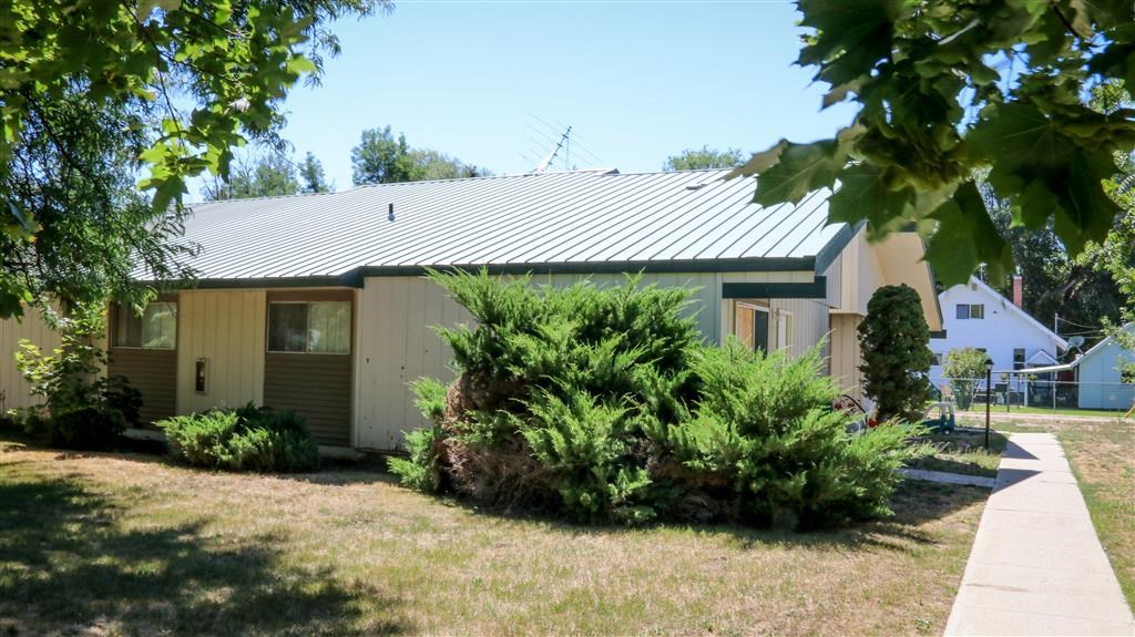 a house with a metal roof and some bushes
