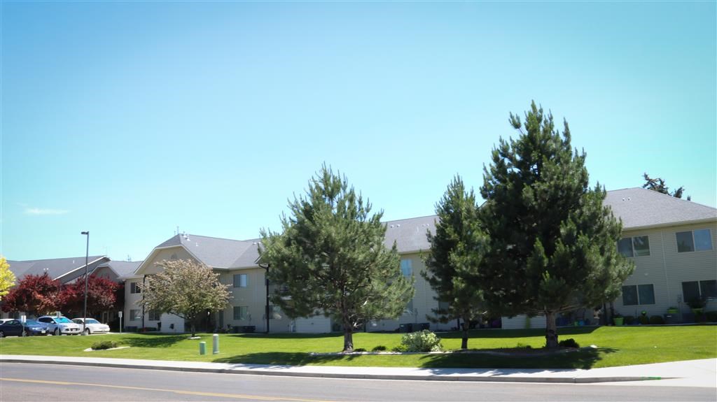 an apartment building with trees in front of it