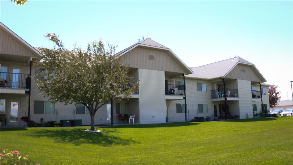an apartment building with a tree in the grass