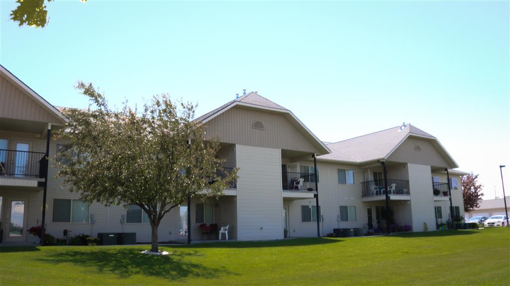 an apartment building with a tree in front of it