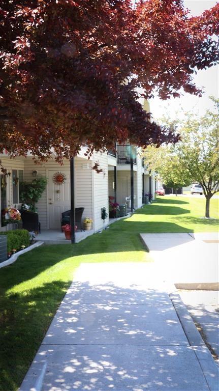 a sidewalk in front of a white house