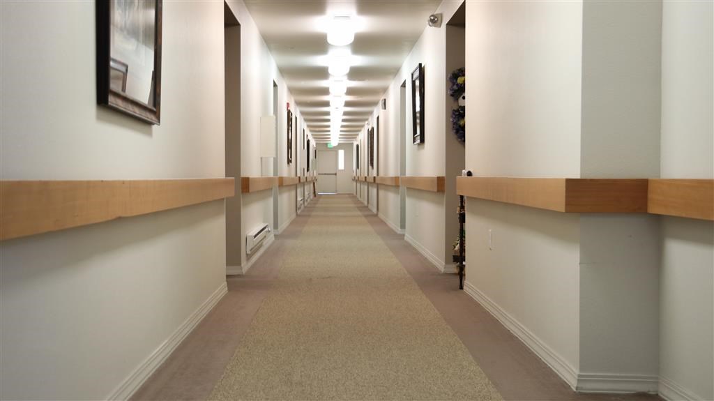 a long hallway with pictures on the walls and a carpeted floor