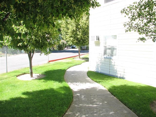 a sidewalk in front of a white building