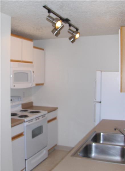 an empty kitchen with a sink and a stove