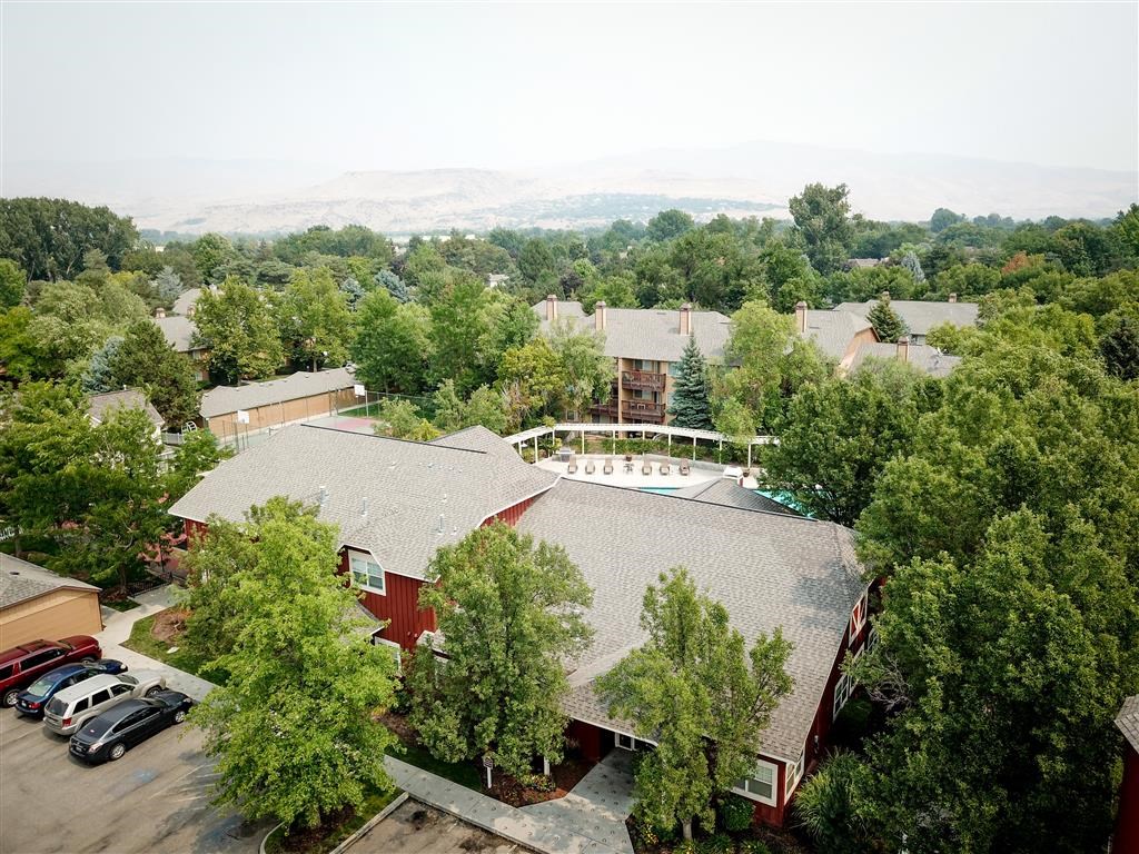an aerial view of a house with a pool and trees