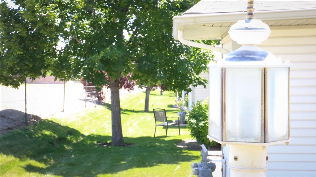 a lantern on the side of a house next to a tree