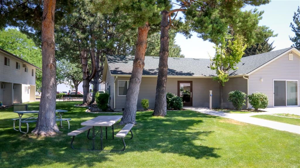 a yard with picnic tables and trees in front of a house