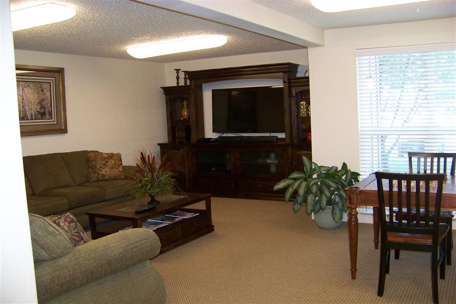 a living room with a couch and a table and a television