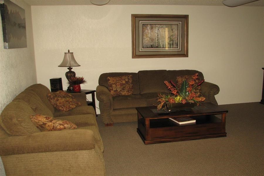 a living room with two couches and a coffee table