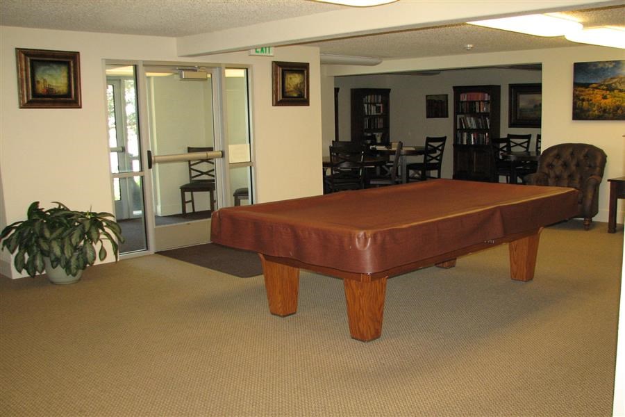 a living room with a pool table