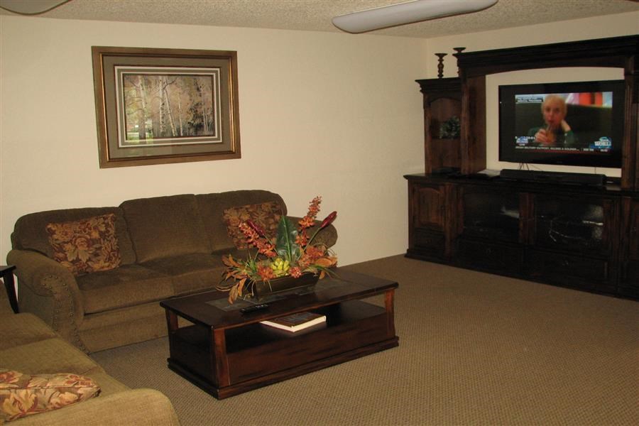 a living room with a couch and a television
