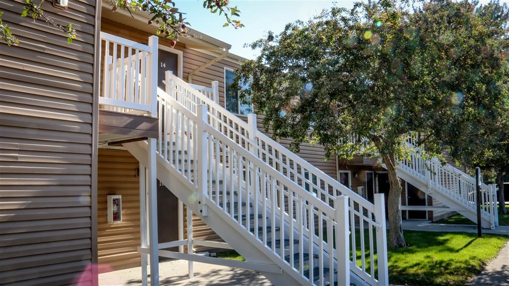 a house with stairs and a tree in front of it