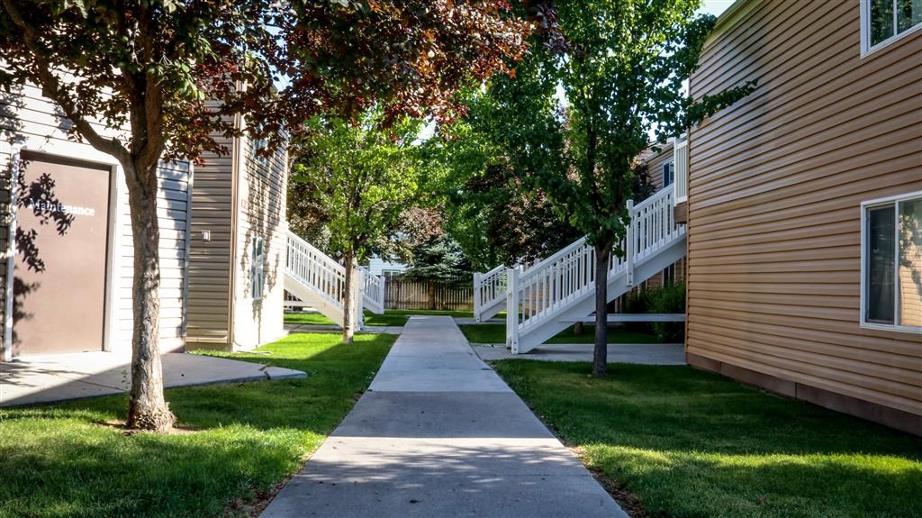 a walkway between two houses with trees in the yard