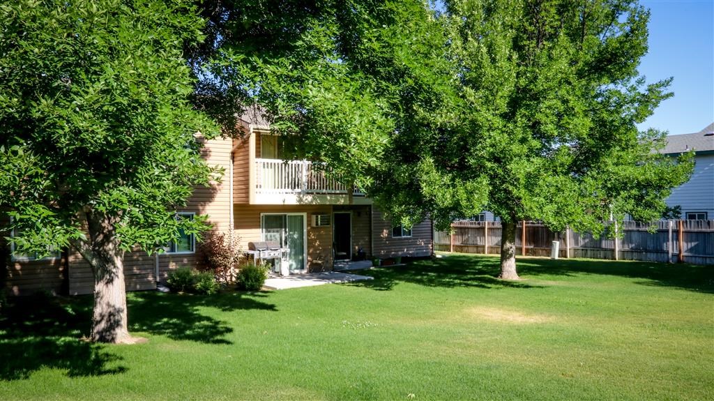 a large yard with trees in front of a house
