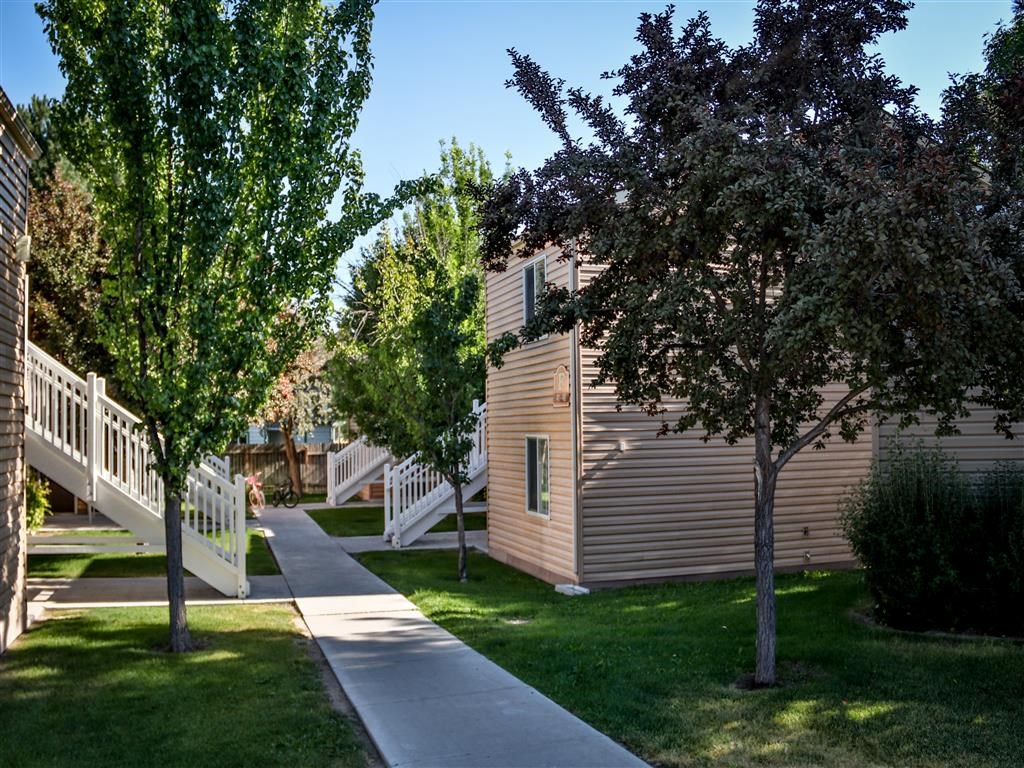 a row of modular buildings with trees and a sidewalk