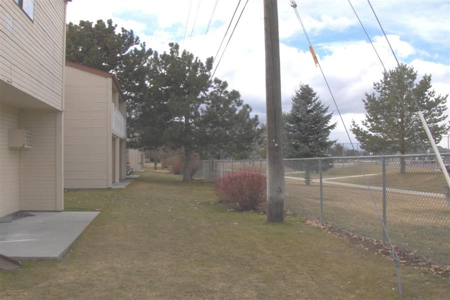 a yard with a telephone pole and a chain link fence