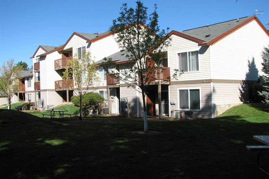 a row of houses with a yard in front of them
