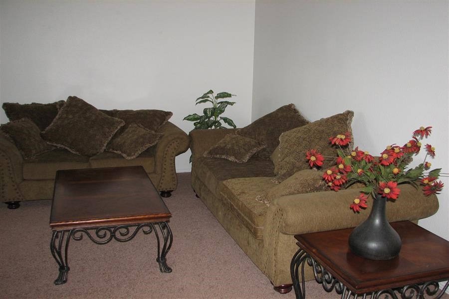 a living room with couches and a table with flowers