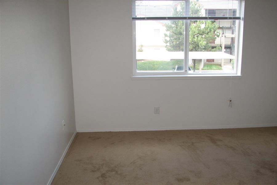 an empty room with a window and a carpeted floor