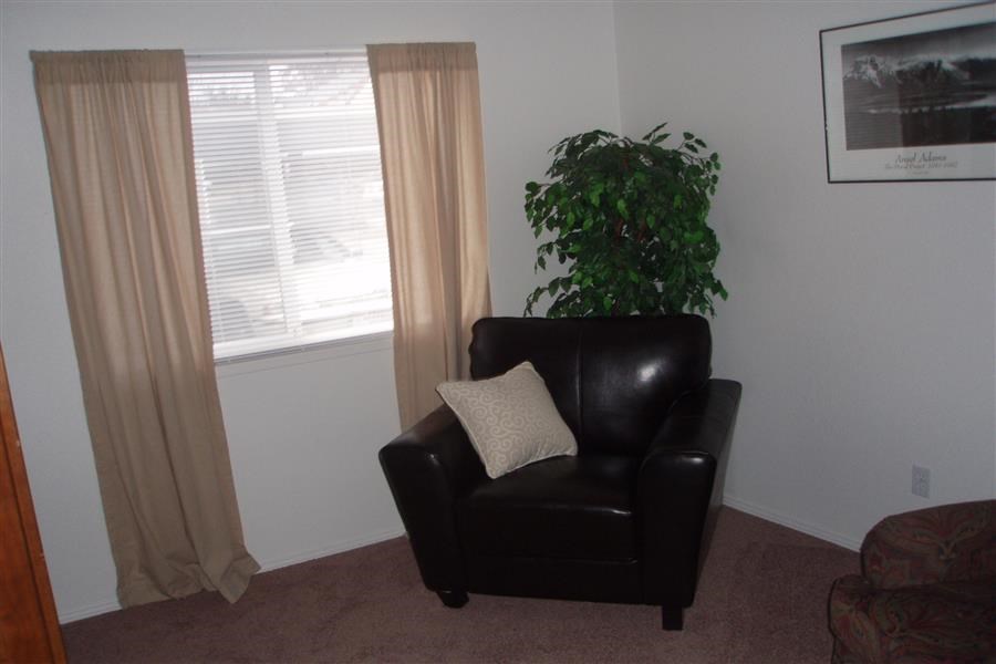 a living room with a leather chair and a plant